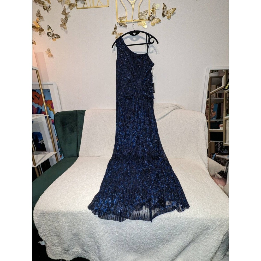 Adrianna Papell Womens Stardust Gown Dress Blue Metallic Pleated Draped 14 New